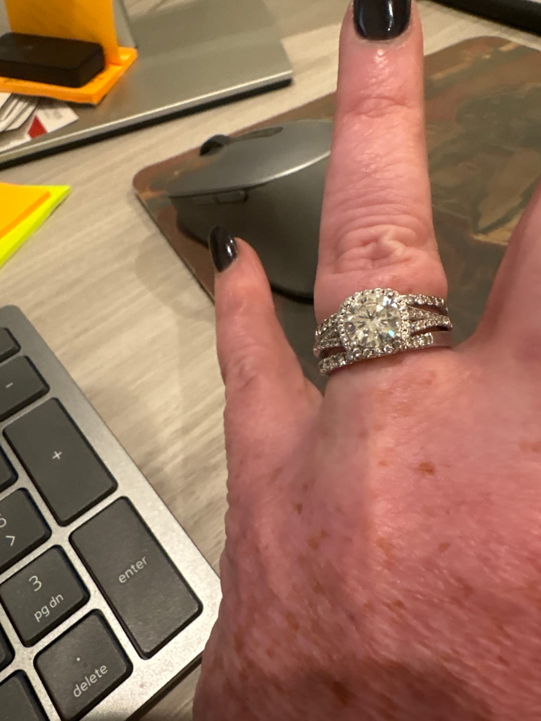 Customer photo review of Moissanite Split Shank Square Halo Pave Engagement Ring