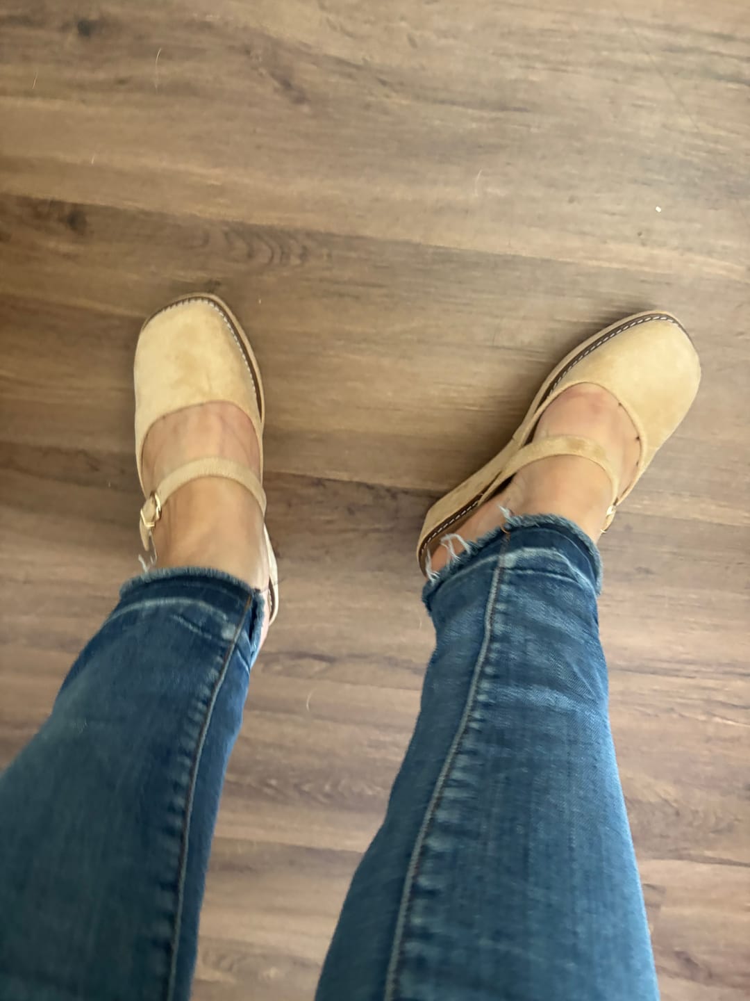 Customer photo review of Corky's Camel Faux Suede Me Time Wedges