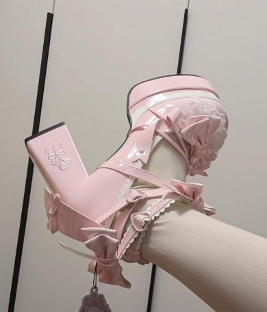 Customer photo review of Sweetheart Coquette Platform Mary Janes with Lace & Bows (pink)