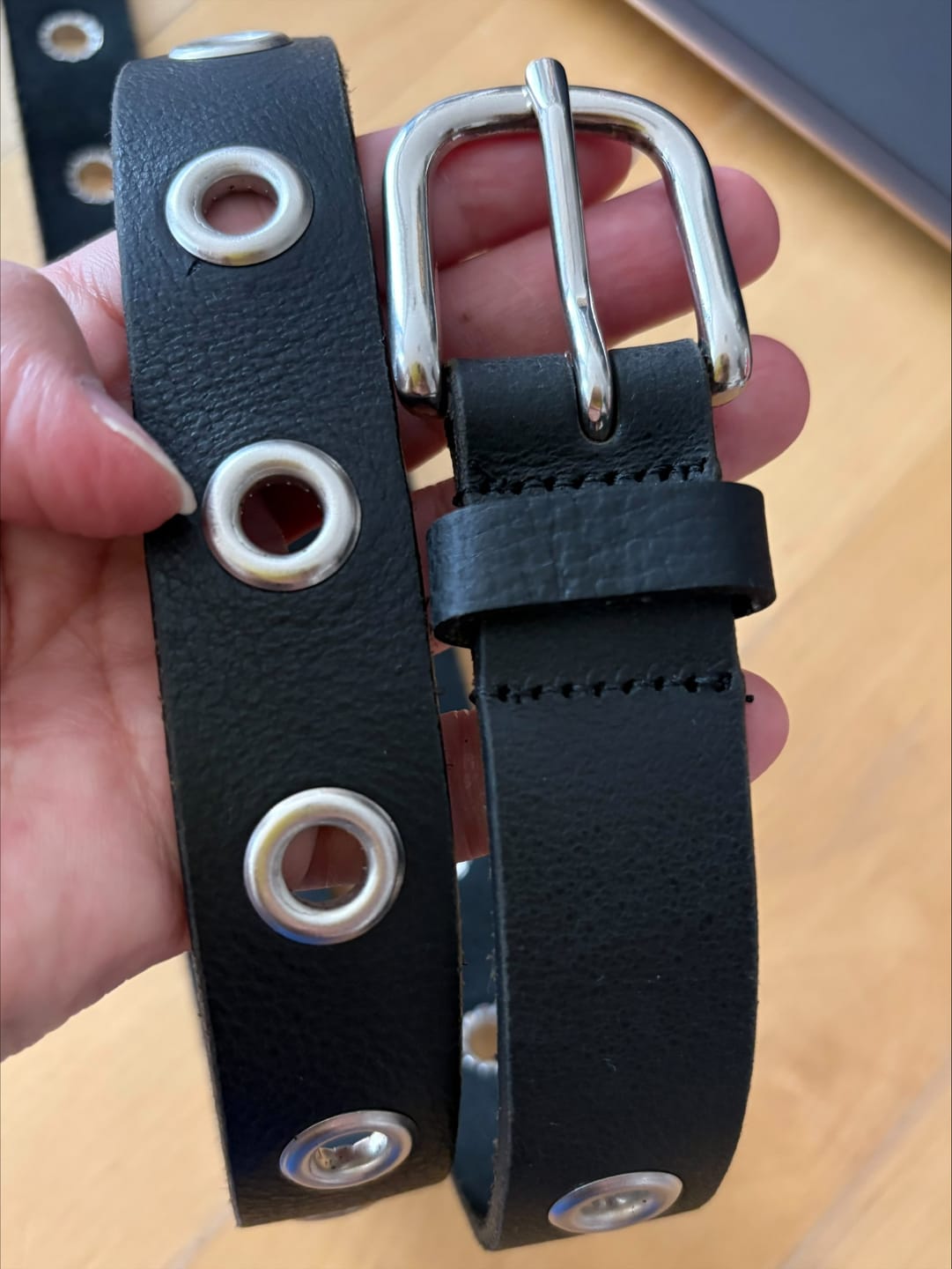 Customer photo review of Exene - Slim Black Leather Belt with Single Grommets - Made in Canada