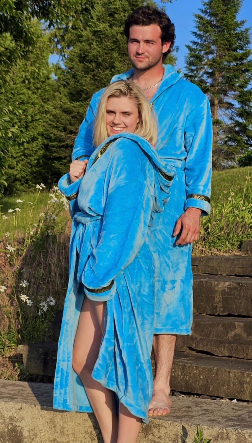 Customer photo review of Men's Sky Blue Royalty Robe With Gold Greek Key Trim