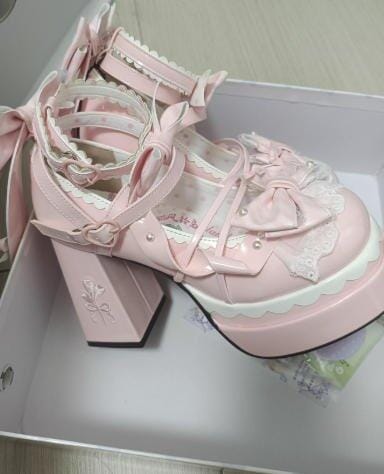 Customer photo review of Sweetheart Coquette Platform Mary Janes with Lace & Bows (pink)