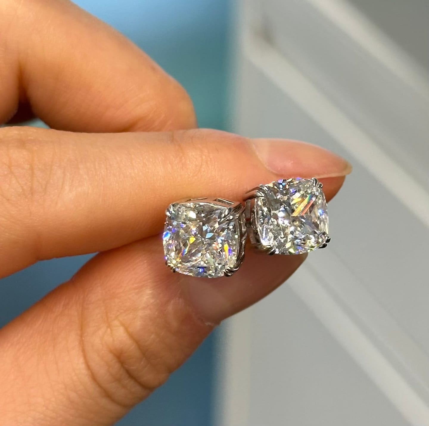 Customer photo review of Louily Stunning Sterling Silver 4.2 Ct Cushion Cut Stud Earrings For Women