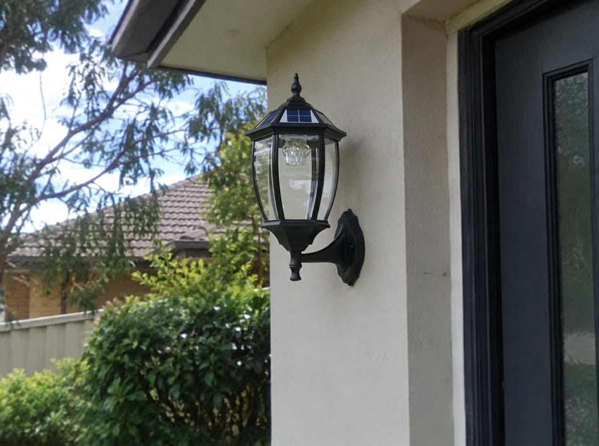 Customer photo review of Victorian Solar Wall Light Outdoor – Black Coach Lantern with Clear Glass & Solar Panel