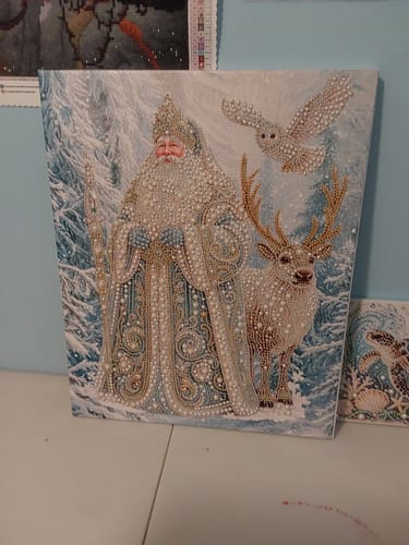 Customer's Personalized 3D Pearl Art canvas featuring a Santa figure with a reindeer and owl in a snowy forest.