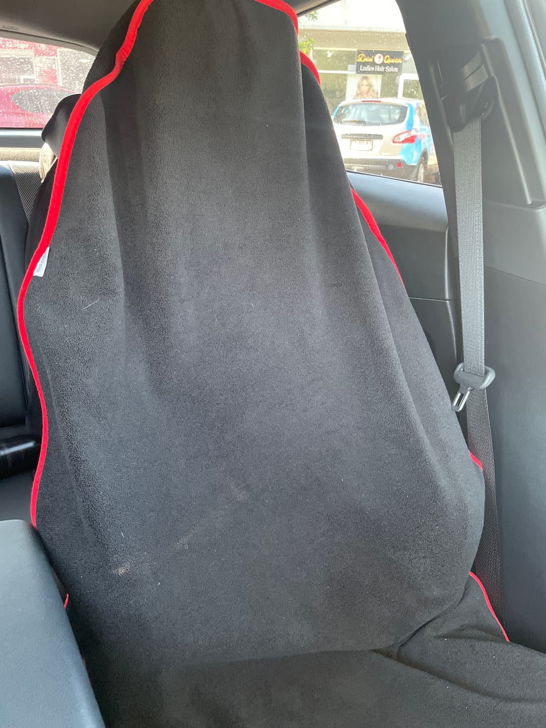Customer photo review of Waterproof Car Seat Towel – Black Racing Red |  Towel Society