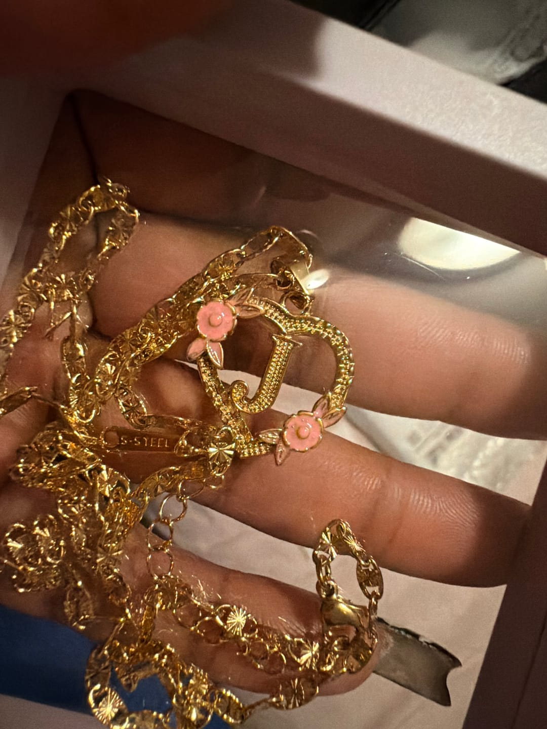 Customer photo review of Flower Initial Necklace w/ Clip Chain
