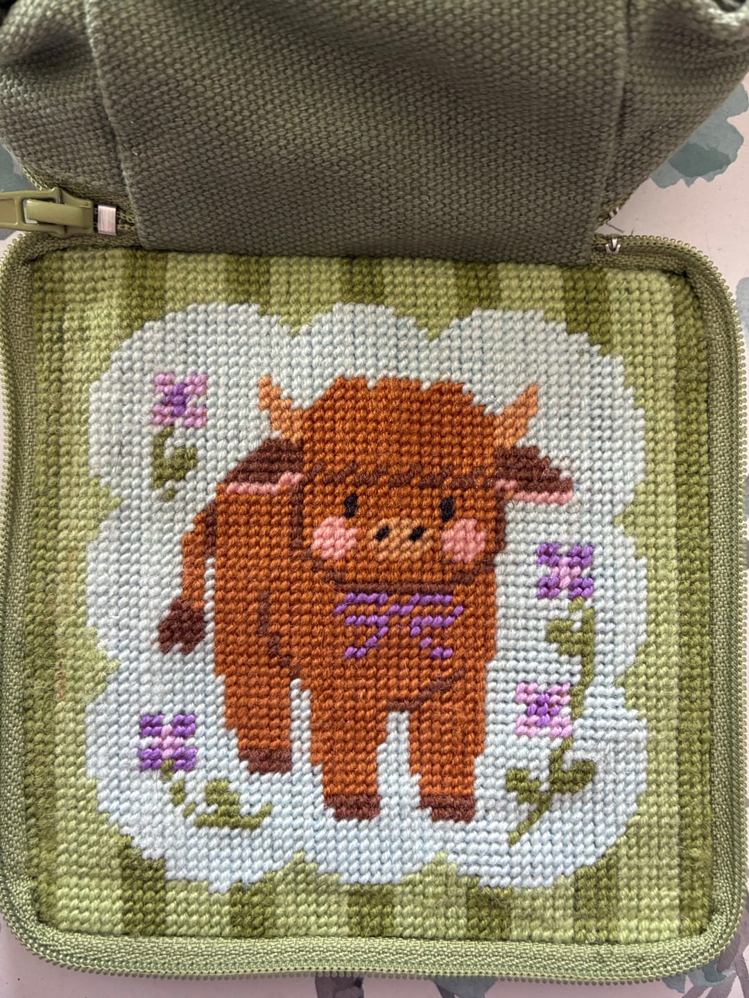 Customer photo review of HIGHLAND COW - Needlepoint Pouch Kit