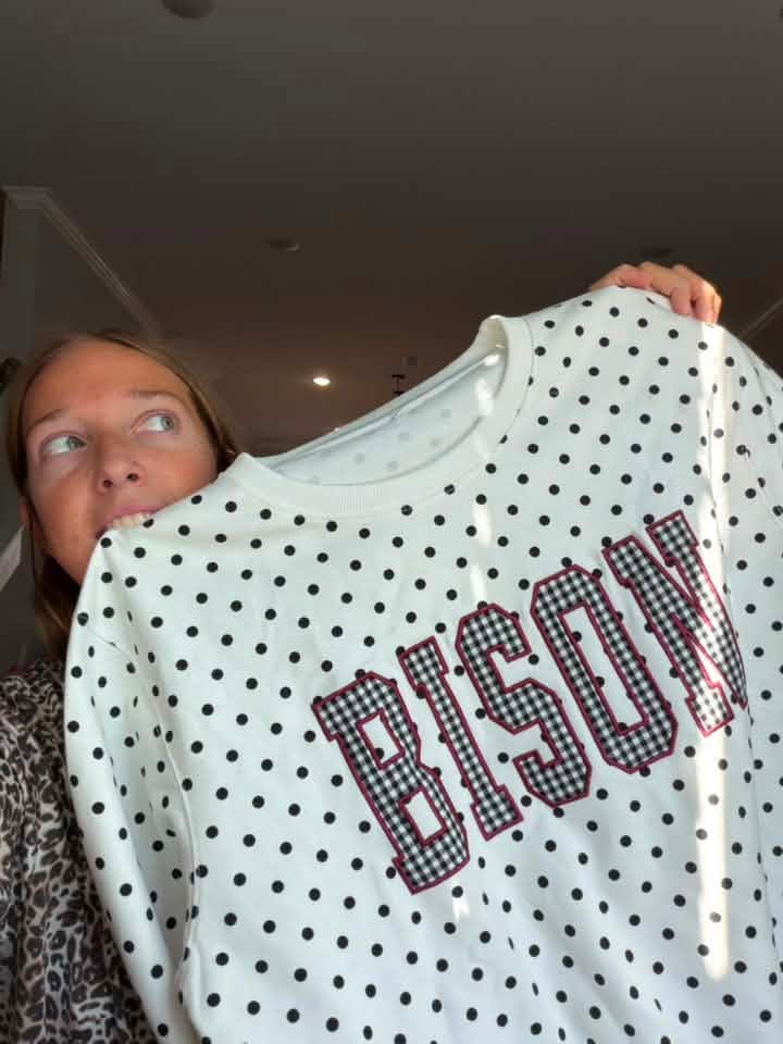 Customer photo review of Custom Patchwork Fabric Embroidered Polka Dot Sweatshirt Team and School Name Applique Varsity Letters | Game Day Wear