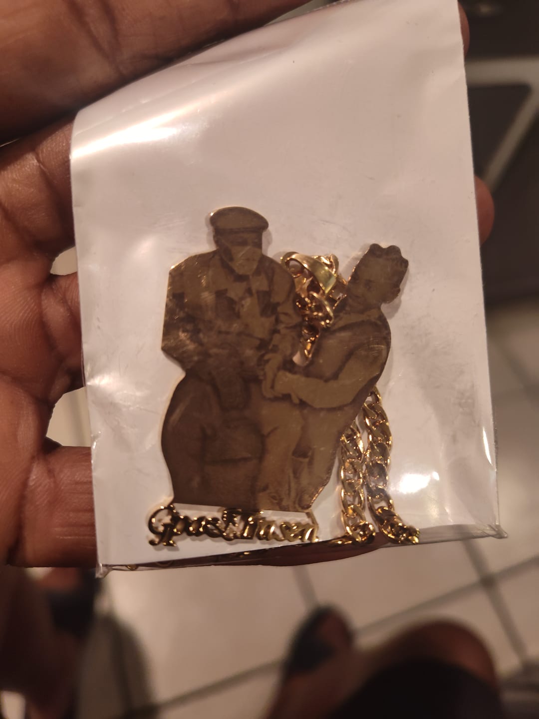 Customer photo review of Custom Photo Engraved Pendant Necklace
