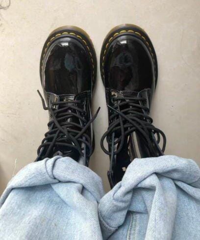 Customer photo review of Glossy Black Lace-Up Boots