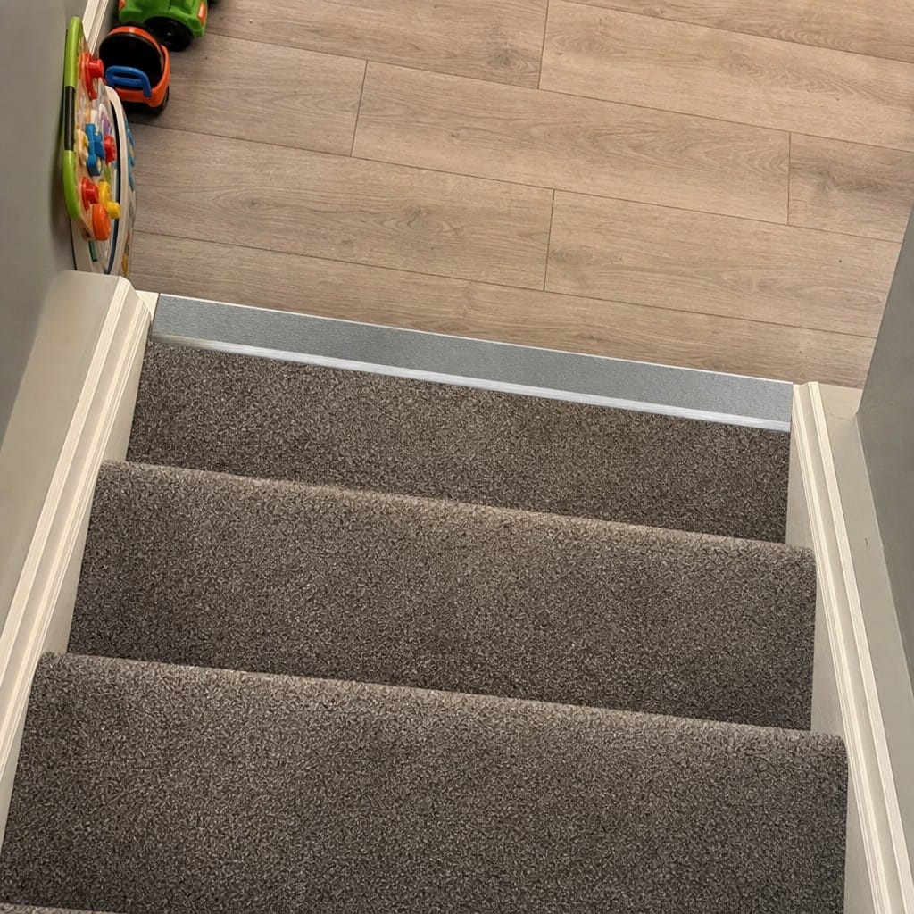 Customer photo review of Rake Back DDA Aluminium Stair Nosing 70 x 56mm, High Grip & Exterior Grip Inserts
