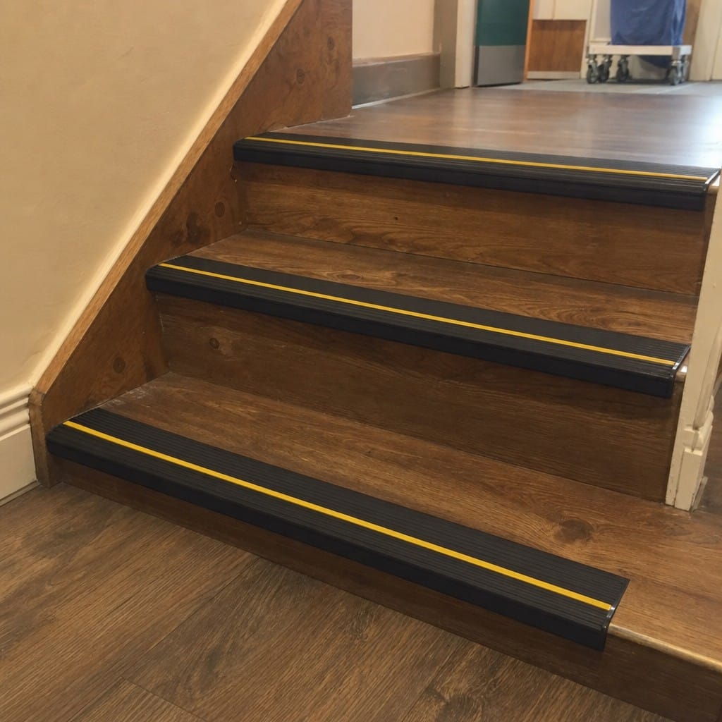 Customer photo review of Anti Slip Stair Nosing 55x40mm Flexible PVC Black & Yellow Caution Edge