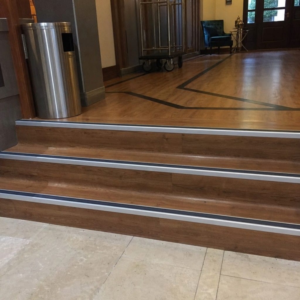 Customer photo review of Heavy Duty Chevron Aluminium Stair Nosing 2.44m, Double Insert, 40mm Riser