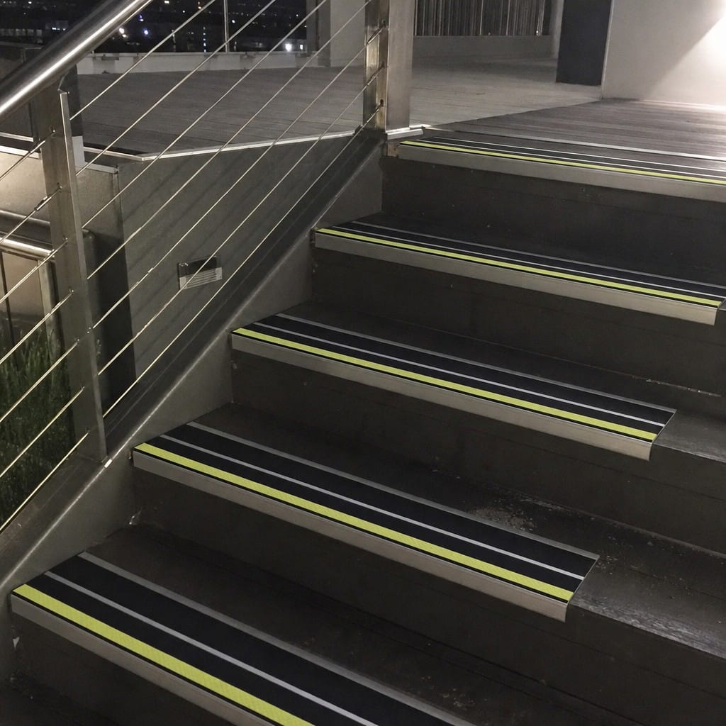 Customer photo review of Aluminium Stair Nosing 85x32mm Photoluminescent Glow Edge, Twin Inserts