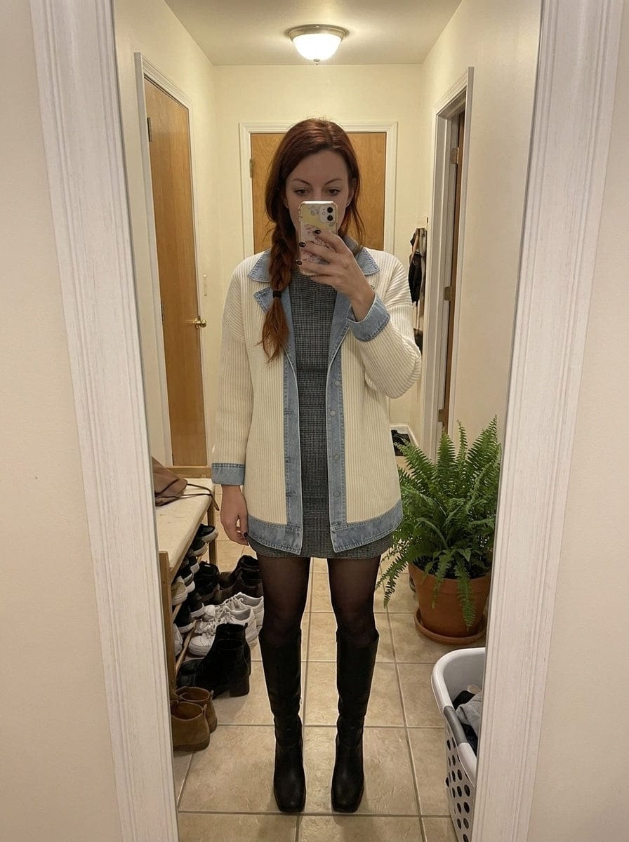 Customer photo review of Layered Knit Button Jacket with Denim-Inspired Detail