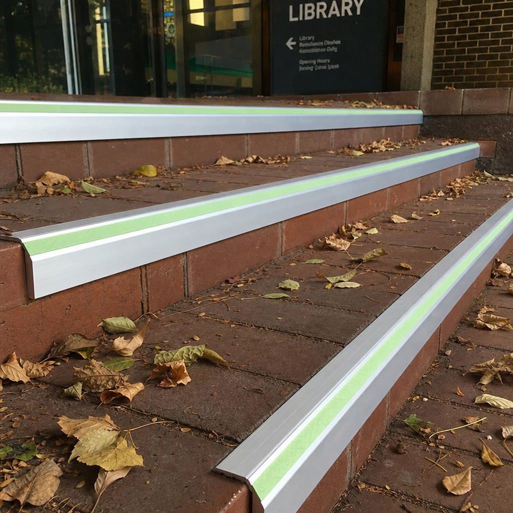 Customer photo review of Aluminium Stair Nosing 67x55mm Photoluminescent Rake Back, DDA Compliant