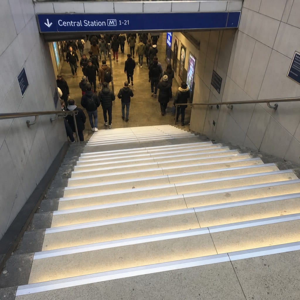 Customer photo review of Anti Slip Stair Nosing 76.5x26mm Aluminium with LED Lighting