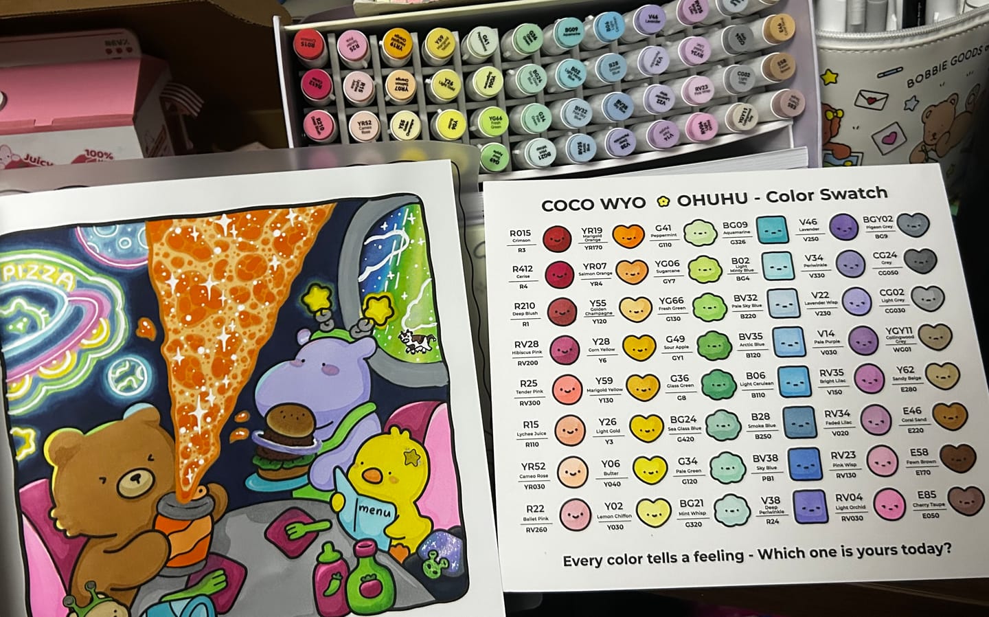 Customer photo review of Ohuhu x Coco Wyo Cozy Mood Coloring Kit, Honolulu B 48 Colors Alcohol Markers with Brush & Fine Dual Tips, Coloring Book with Mood Tracker Pages