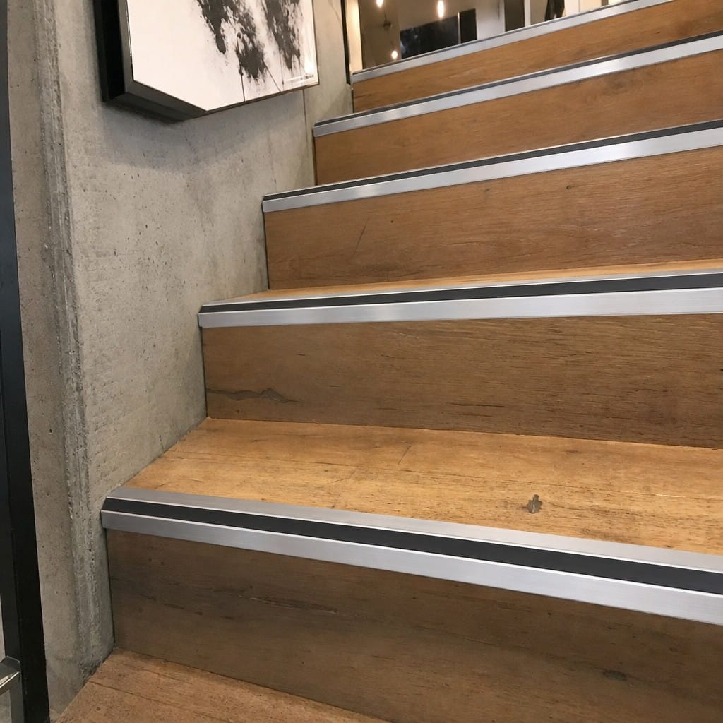 Customer photo review of Rake Back Stair Nosing 2.44m Aluminium 62mm Single Insert