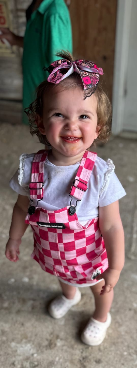 Customer photo review of Overall Dress in Bubble Gum Checkered