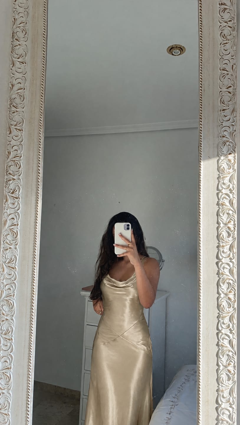 Customer photo review of Midnight Bias Satin Maxi Dress