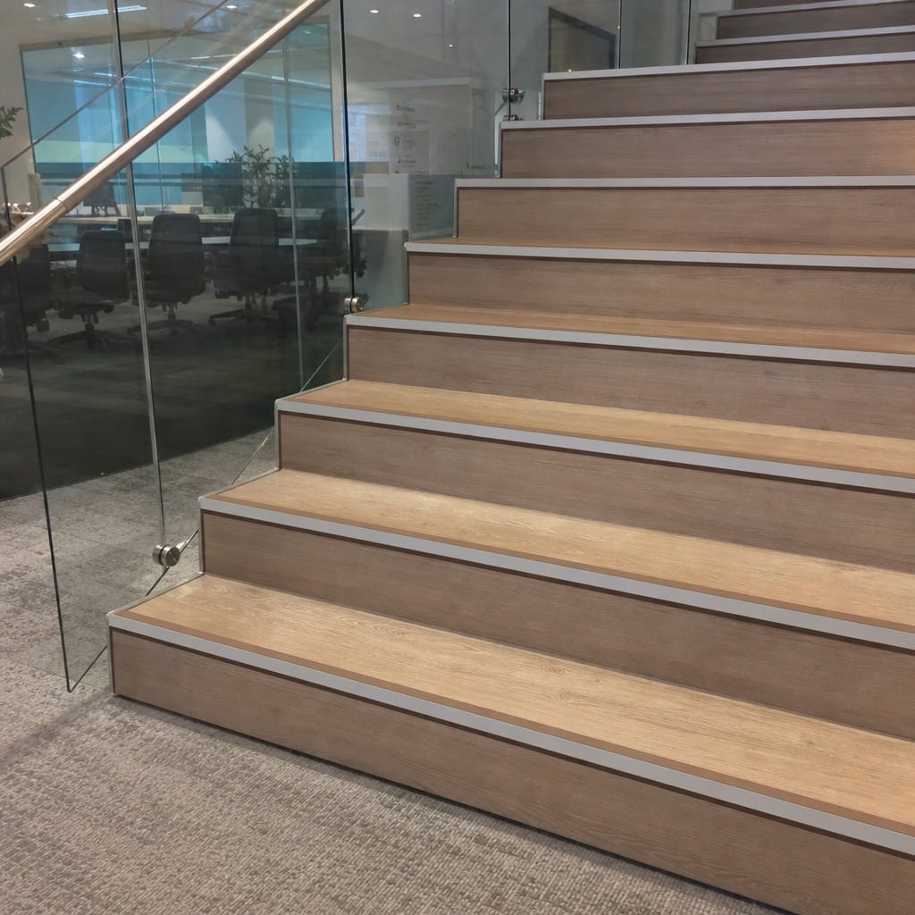 Customer photo review of Rake Back Aluminium Stair Nosing 2.44m 56mm Tread PVC Insert