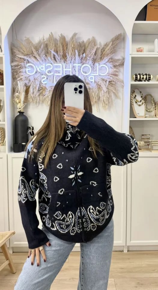 Customer photo review of Ruth Paisley Zip-Up Knit Jacket
