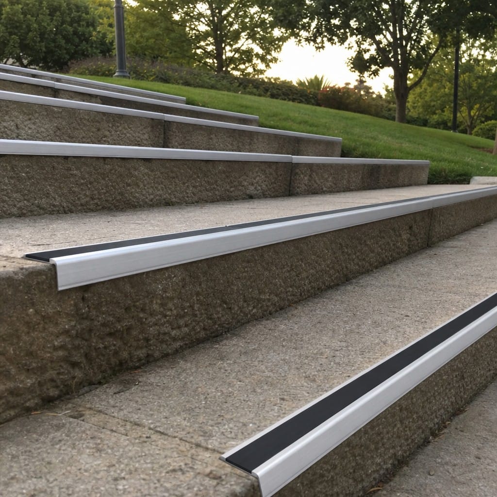 Customer photo review of Heavy Duty Chevron Aluminium Stair Nosing 2.44m, Single Insert, 65mm Riser