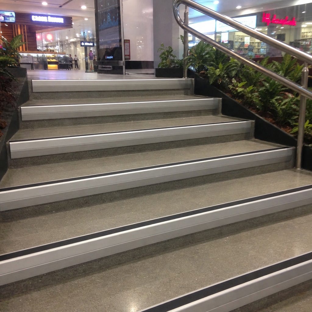 Customer photo review of Heavy Duty Chevron Aluminium Stair Nosing 2.75m, Single Insert, 65mm Riser