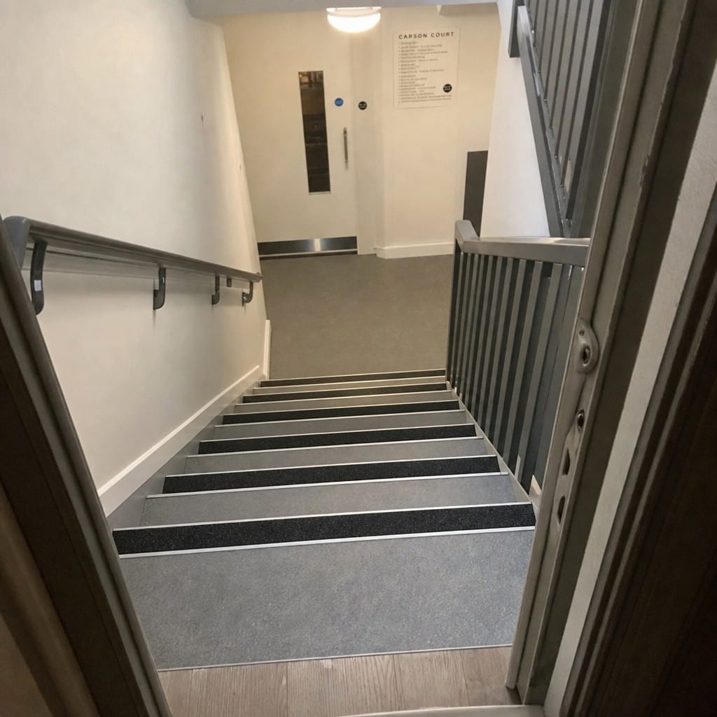 Customer photo review of Aluminium Stair Nosing 70mm Rake Back | Anti-Slip GRP Grit Insert