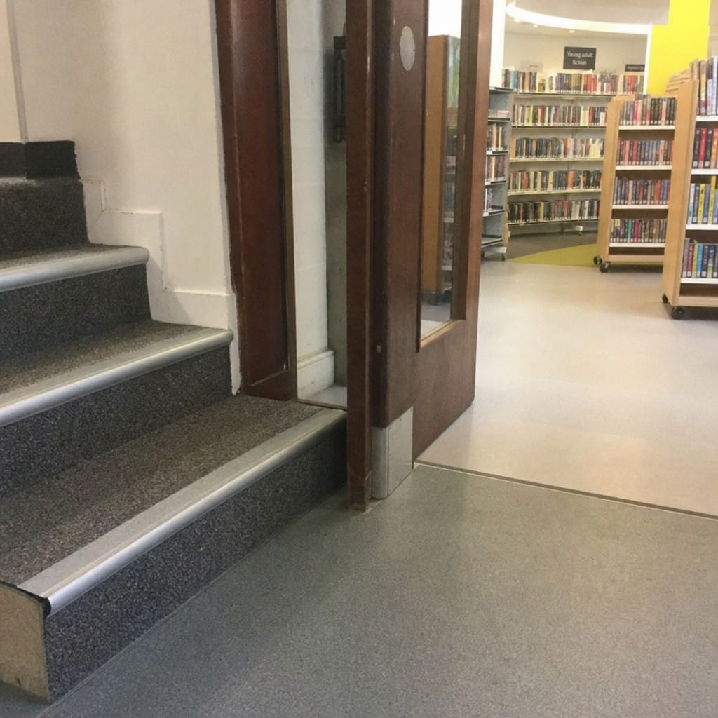 Customer photo review of Rake Back DDA Aluminium Stair Nosing 70 x 56mm, High Grip & Exterior Grip Inserts