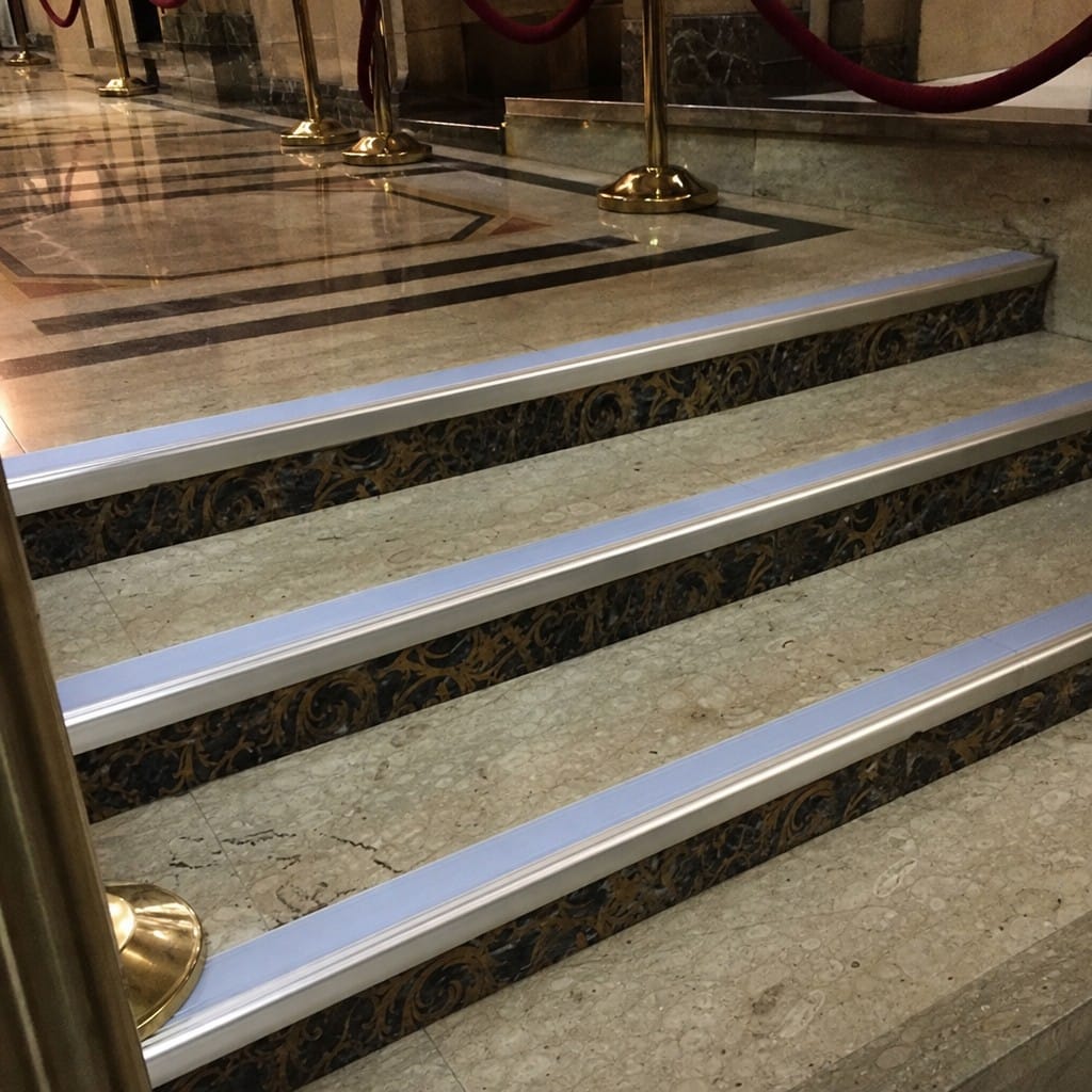 Customer photo review of Rake Back Stair Nosing 2.44m Aluminium Double PVC