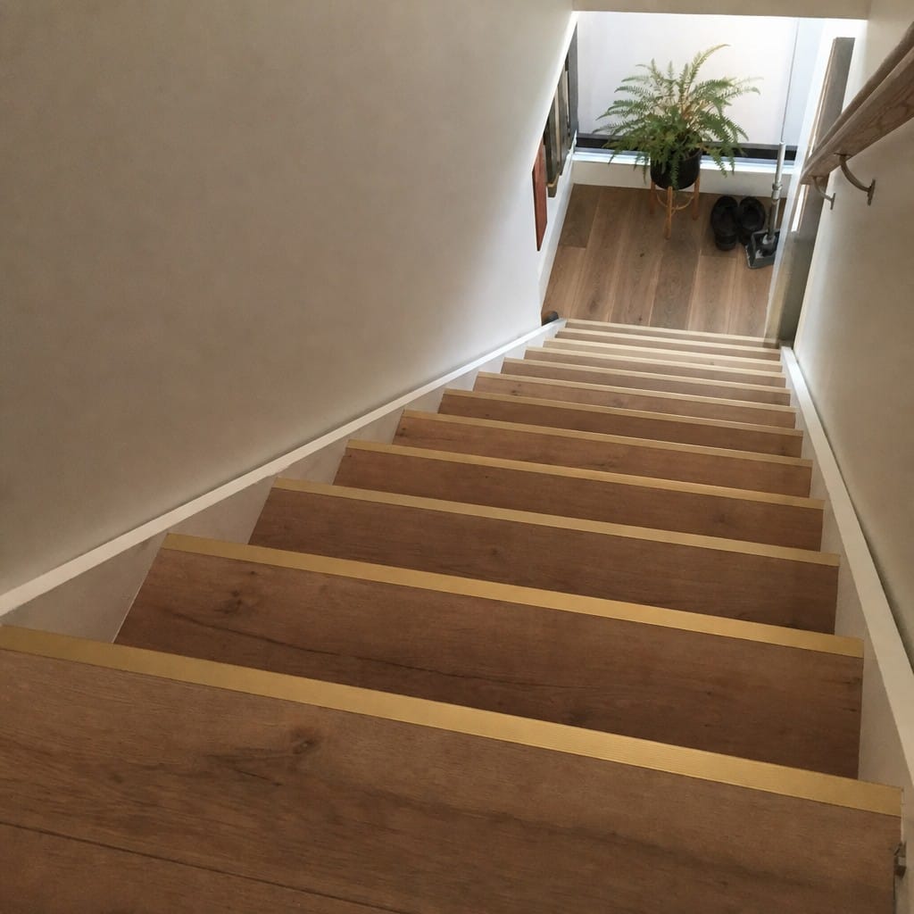 Customer photo review of Square Aluminium Stair Nosing 2.75m 50mm Riser PVC Insert
