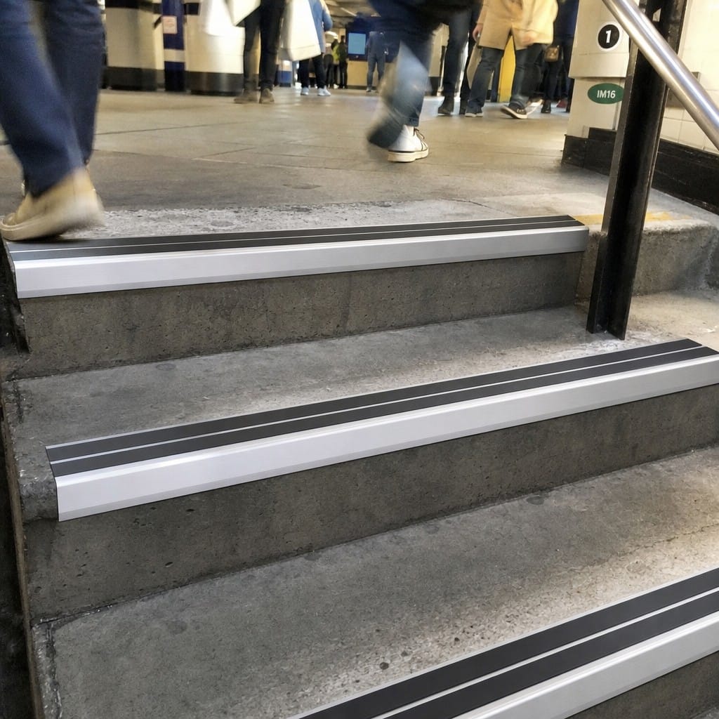 Customer photo review of Heavy Duty Chevron Aluminium Stair Nosing 2.44m, Double Insert, 60mm Riser