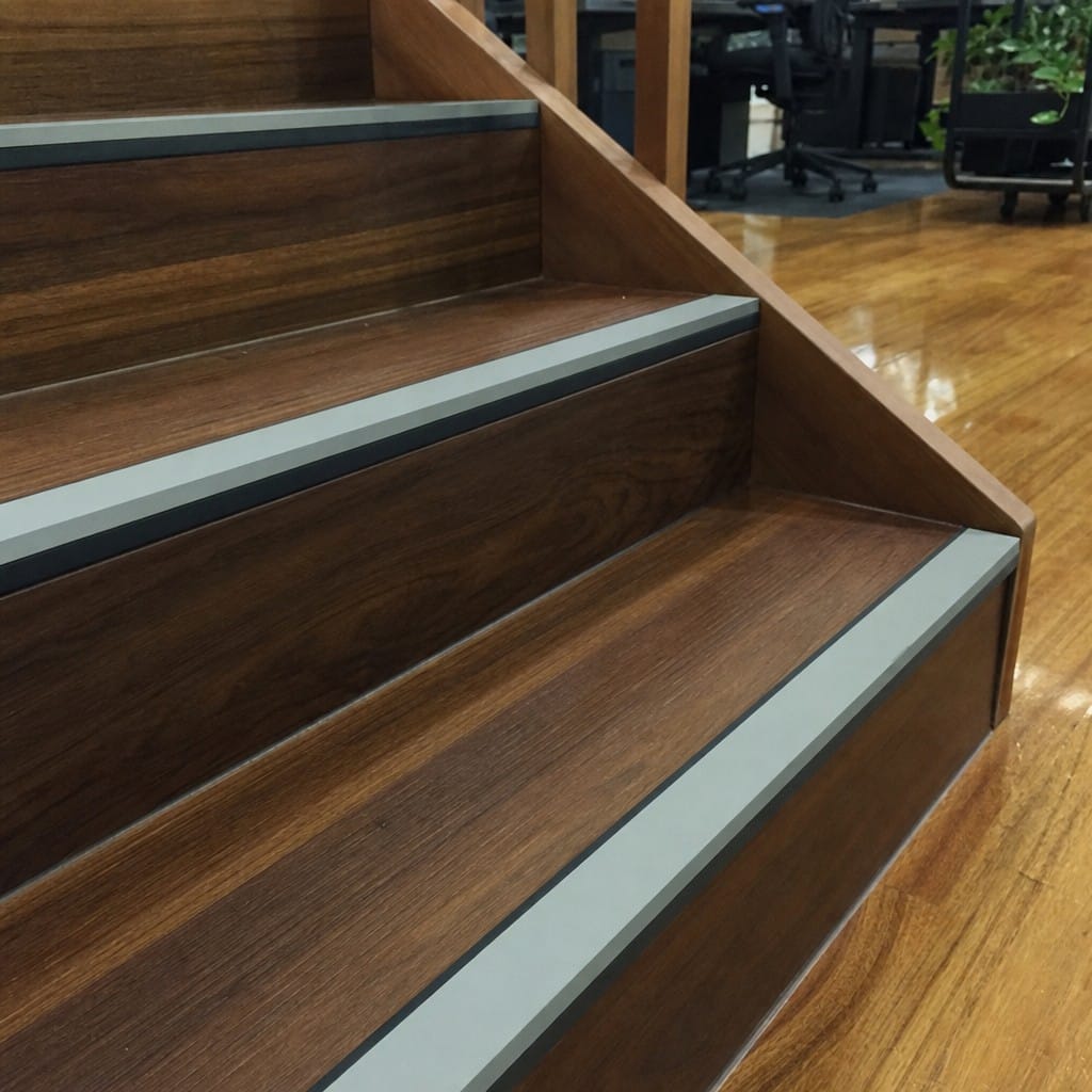 Customer photo review of Square Aluminium Stair Nosing 2.44m 50mm Riser PVC Insert