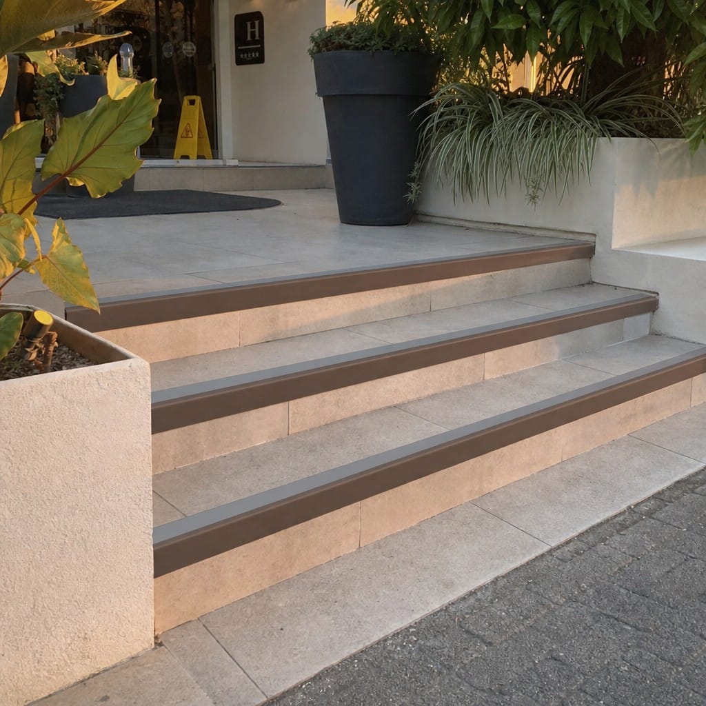 Customer photo review of Rake Back Aluminium Stair Nosing 2.44m 56mm Tread PVC Insert