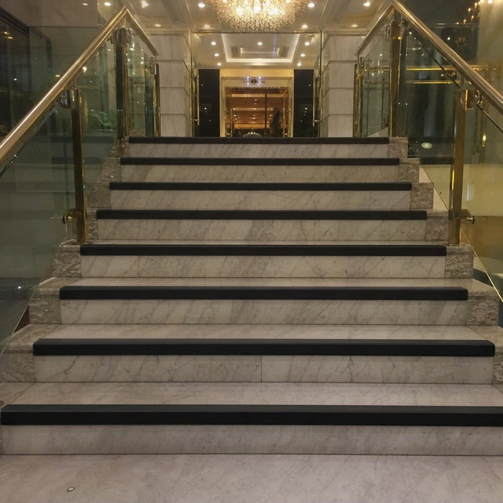 Customer photo review of Anti Slip Stair Nosing 67x32mm Black PVC Ramped, 13 Insert Colours