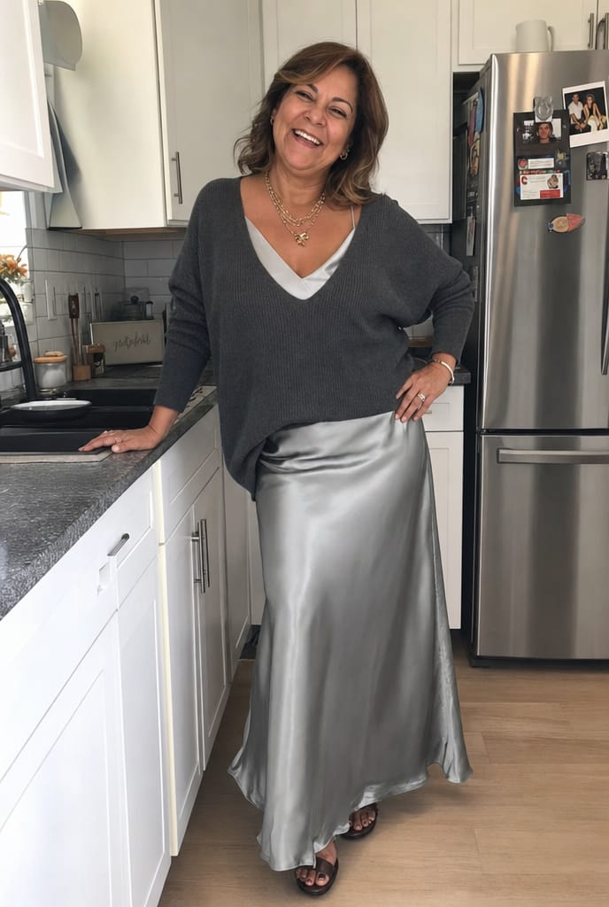Customer photo review of Satin Midi Dress with Relaxed Fit