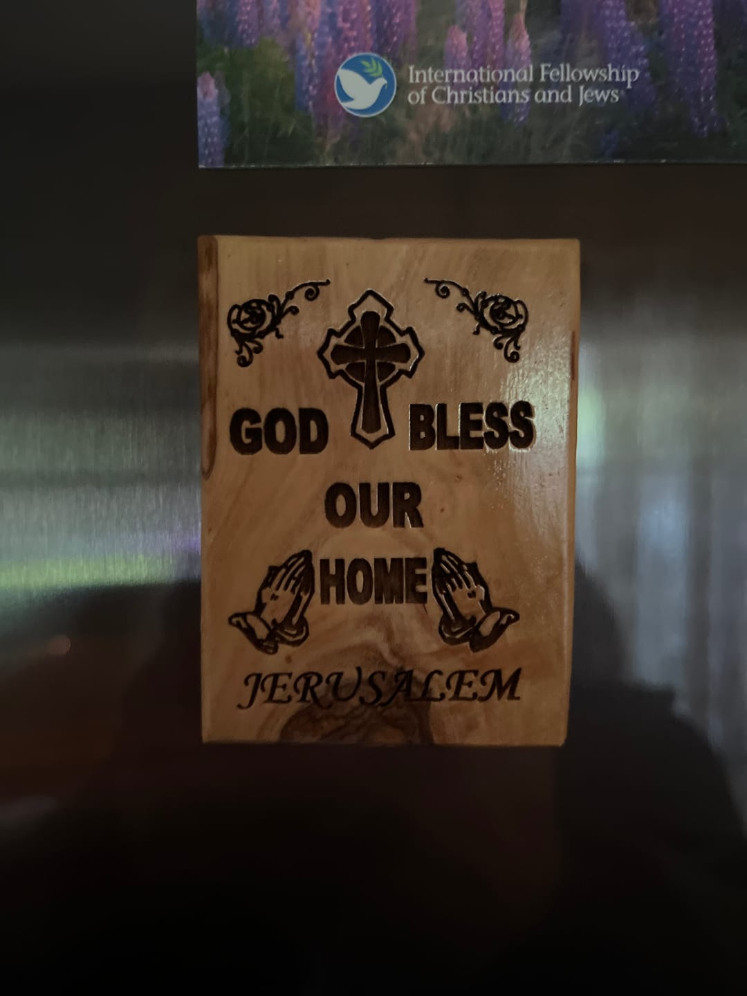Customer photo review of "God Bless Our Home" Olive Wood Magnet