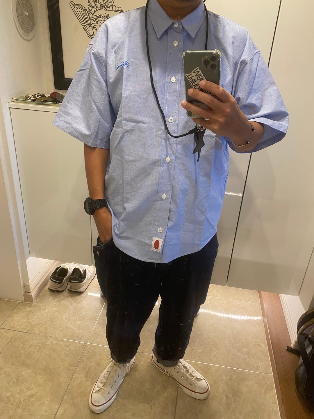 Customer photo review of Cleanfit　赤ヒモ付き刺繍入りオックスフォード半袖シャツ