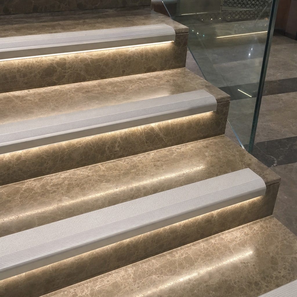 Customer photo review of Anti Slip Stair Nosing 76.5x26mm Aluminium with LED Lighting