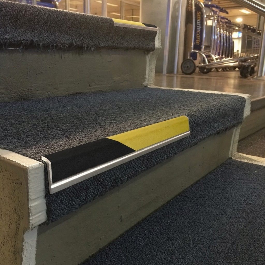 Customer photo review of Carpet Stair Nosing 2.44m Aluminium Rake Back PVC Insert