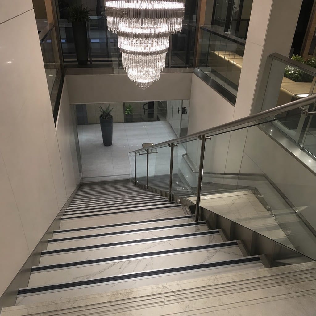 Customer photo review of Heavy Duty Chevron Aluminium Stair Nosing 2.44m, Double Insert, 40mm Riser