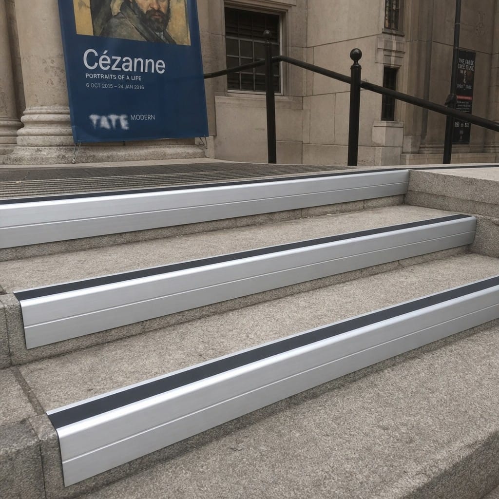 Customer photo review of Heavy Duty Chevron Aluminium Stair Nosing 3.22m, Single Insert, 65mm Riser