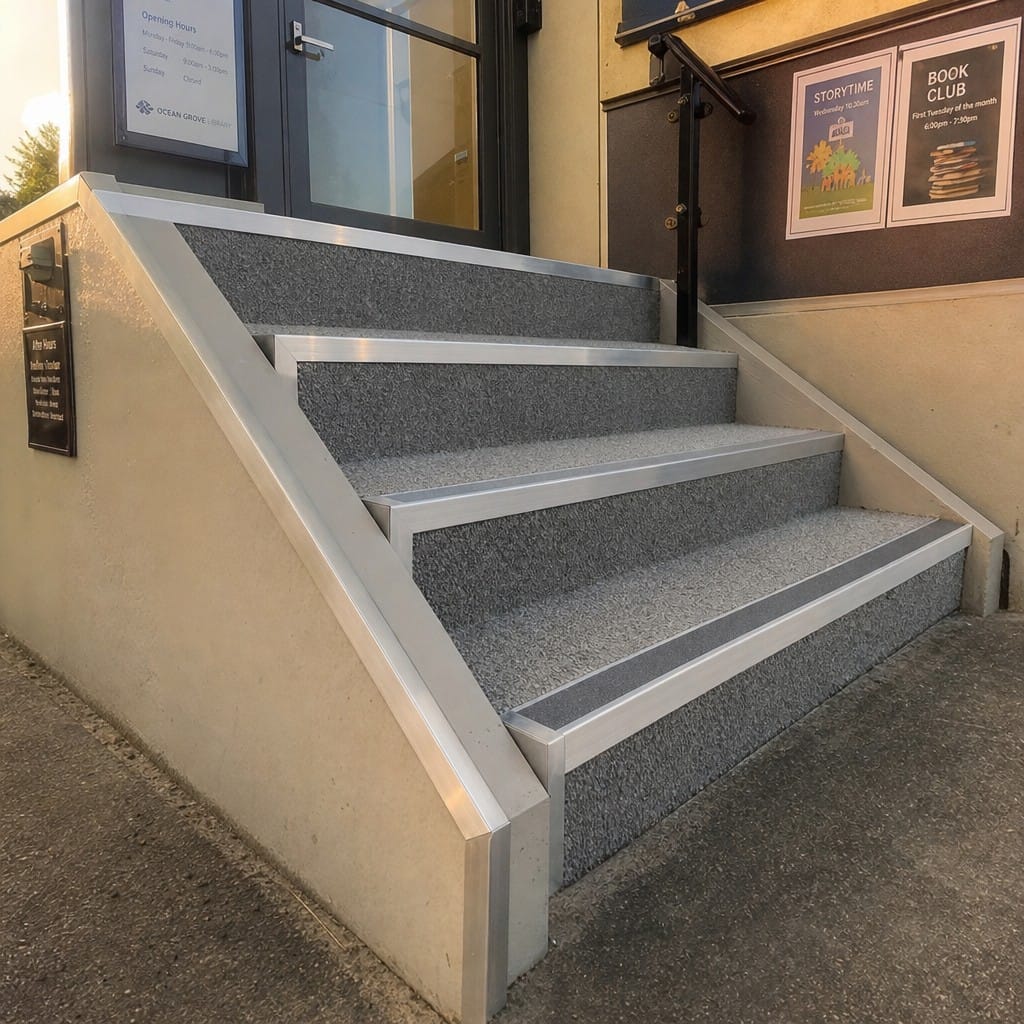 Customer photo review of Aluminium Stair Edge Trim, Pre-Formed Side Angles and Landing Strip