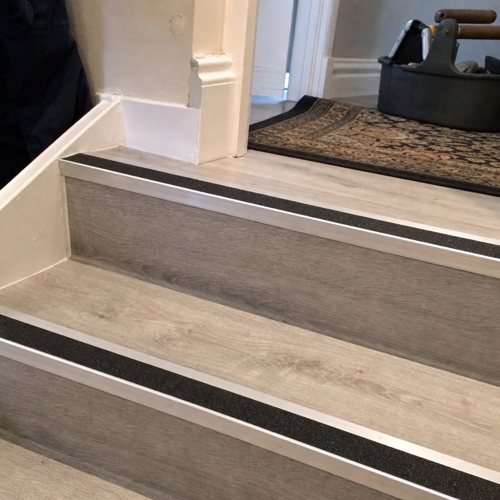 Customer photo review of Aluminium Stair Nosing 70mm Rake Back | Anti-Slip GRP Grit Insert