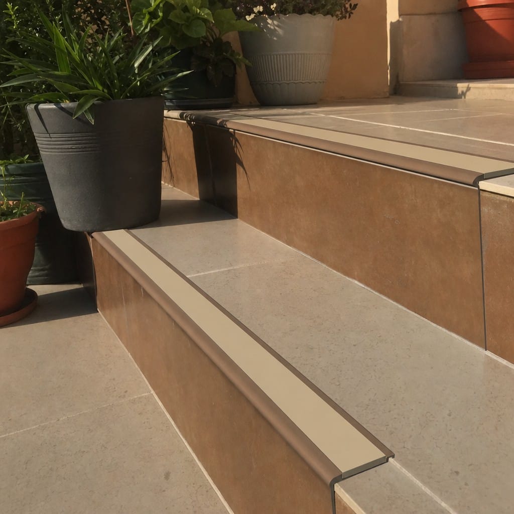 Customer photo review of Rake Back Stair Nosing 2.75m Aluminium Double PVC Insert 5mm