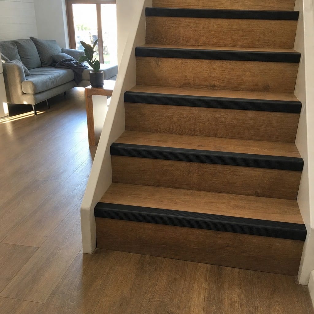 Customer photo review of Black Flexible PVC Stair Nosing 62mm – Anti-Slip Step Edging for LVT, Vinyl & Laminate Stairs | 1m & 2.7m