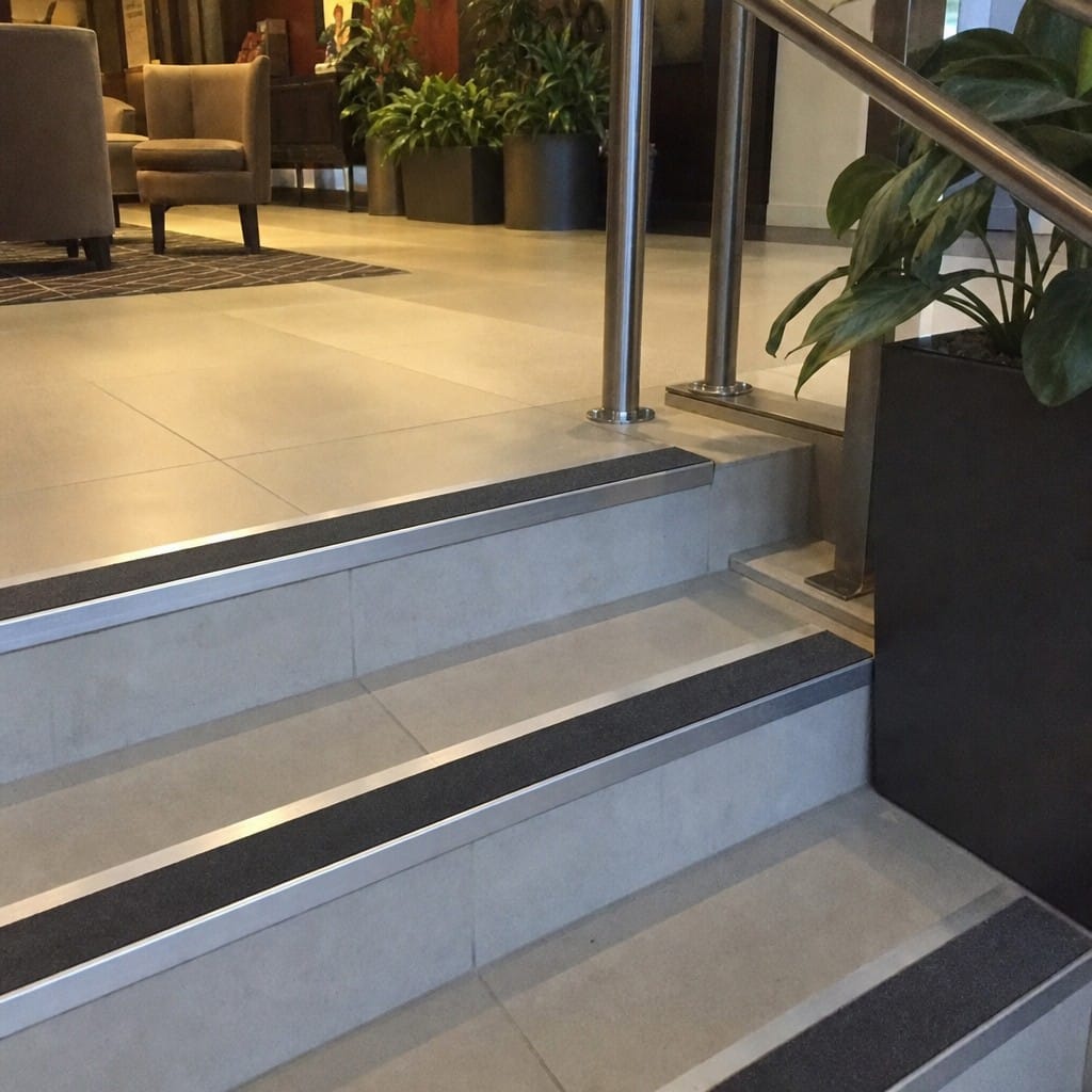 Customer photo review of Aluminium Stair Nosing 70mm Rake Back | Anti-Slip GRP Grit Insert